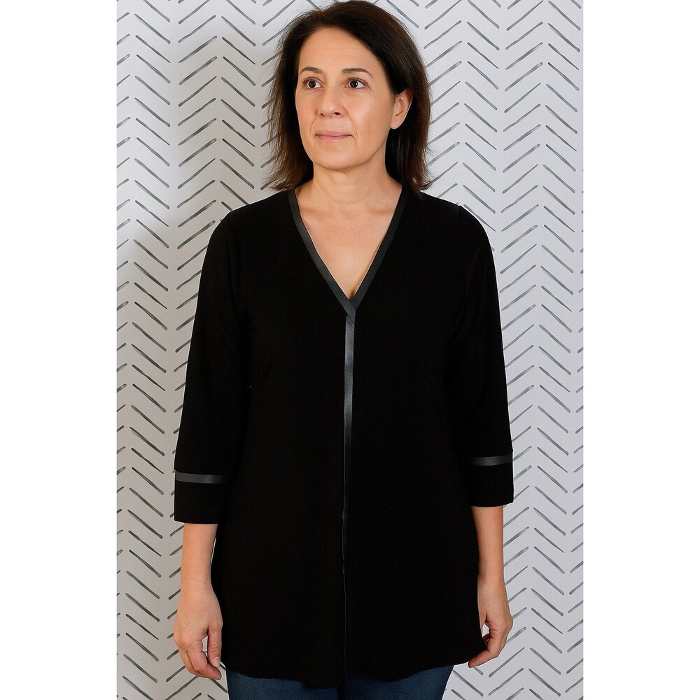 Sympli Black V-Neck Tunic Top 3/4 Sleeve Knit Blouse Side Slit Minimal Sz 6